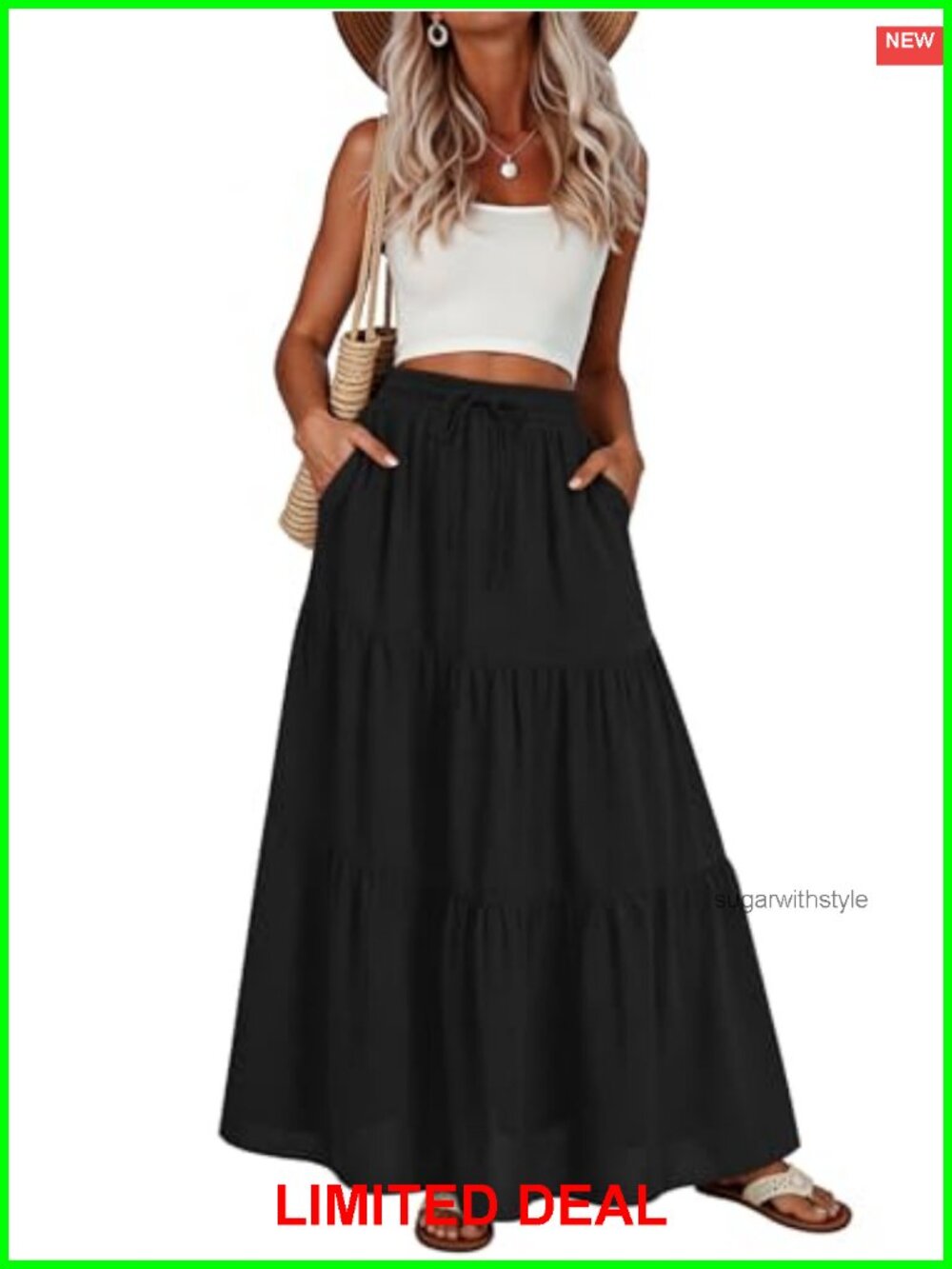 Women's Pleated Tiered Maxi Skirt Elastic Waist with Pockets